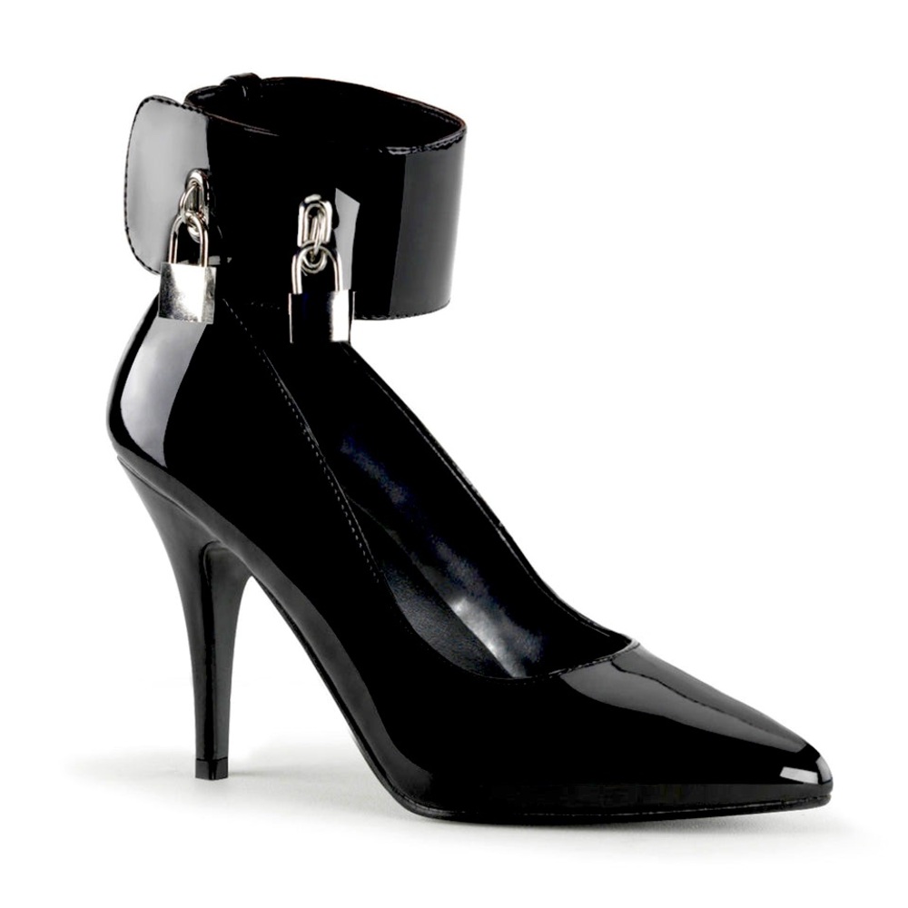 4 INCH PUMP WITH LOCKING ANKLE CUFF & PADLOCKS AND 3 OTHER STRAP TYPES
